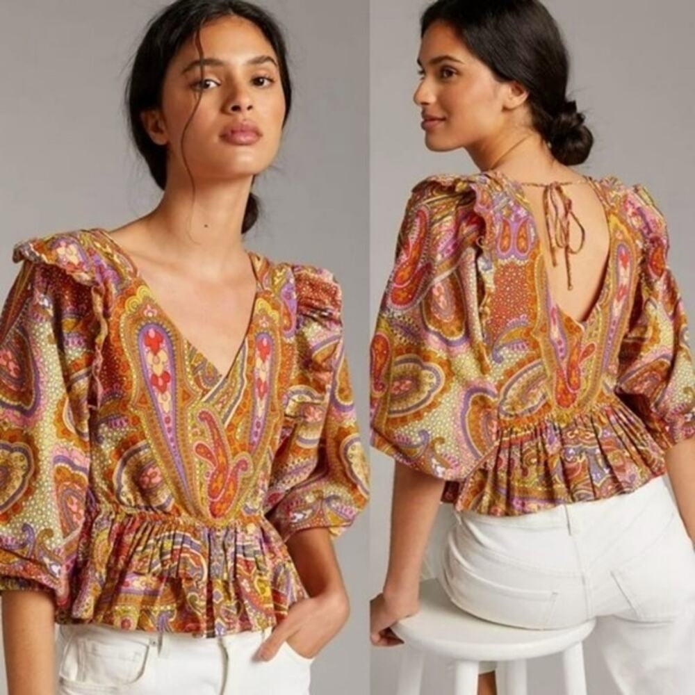 Anthropologie Love The Label Paisley Ruffle Puff Sleeve Peplum Blouse Size XL